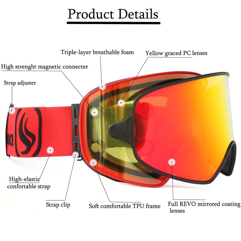 Ski Goggles 2 in 1 with Magnetic Dual-use Lens for Night Skiing Anti-fog UV400 Snowboard Goggles Men Women Ski Glasses