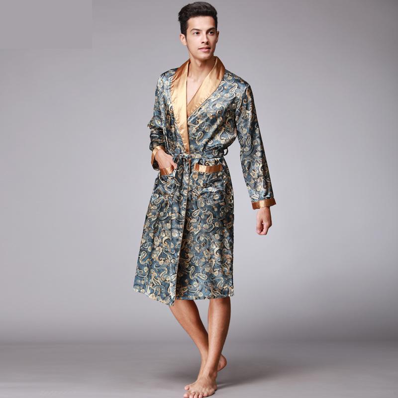 Men Kimono Robes V-neck Faux Silk Bathrobes Nightgown for Male Senior ...