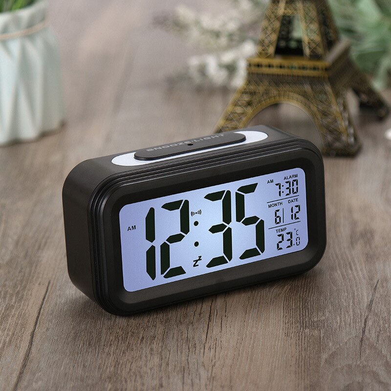 LED Digital Desk Clock Snooze Wake-up Alarm Clock Backlight Temperature Calendar Smart Table Clock Home Office Decor: Black