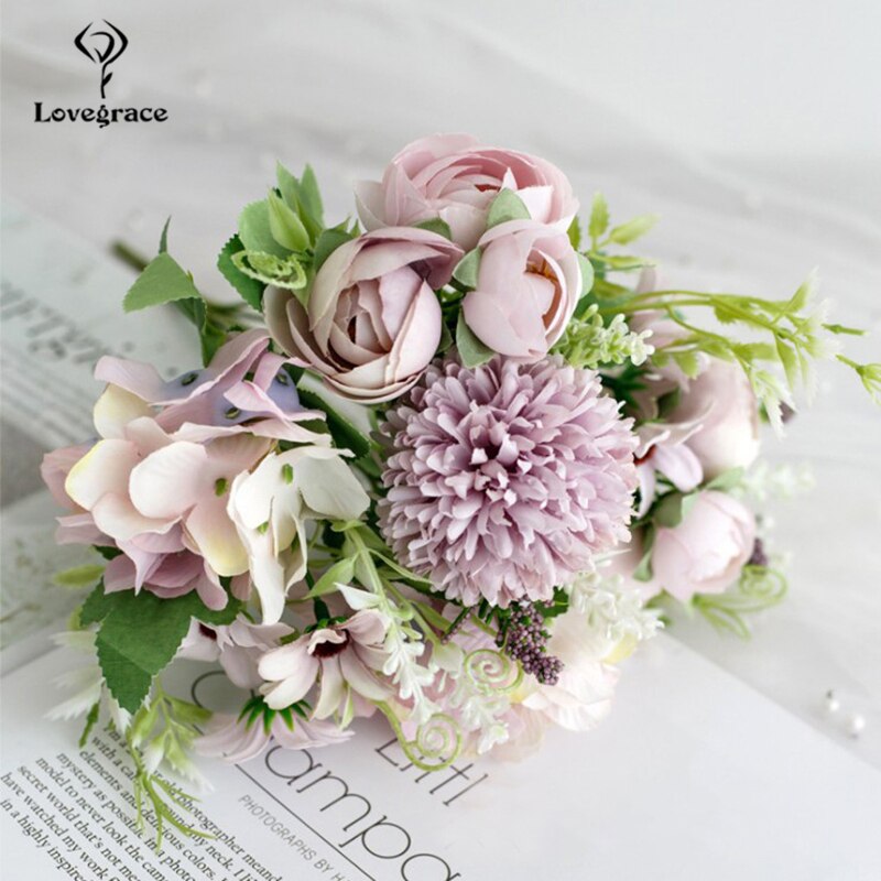 Bouquet de mariage Lovegrace soie artificielle Rose pivoine fleur mariée Bouquet Rose hortensia pompon bourgeon vanille épi fourniture de mariage: bud-purple