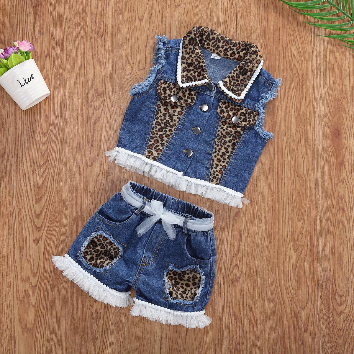 1-6Y conjuntos de ropa de leopardo para bebés y niñas de Chaleco de una sola botonadura sin mangas abrigo Tops pantalones cortos 2 uds