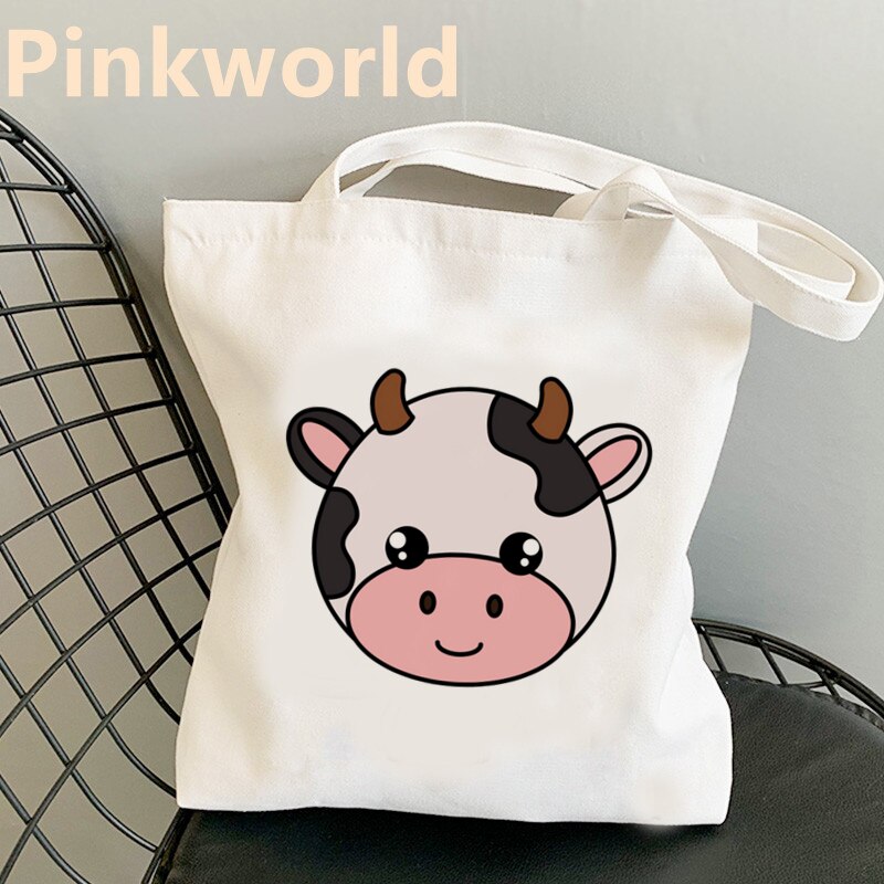 Tas Kawaii Koe Cartoon Grappige Leuke Print Canvas Cool Shopper Bag Shopper Zwart Wit Vrouwen Shopper Schoudertassen Tote tas