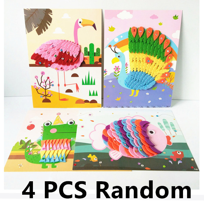 Happyxuan 8 Ontwerpen Kinderen Craft Kit Cartoon Animal Vilt Stof Sticker 3D Handgemaakte DIY Creatieve Speelgoed Kleuterschool Onderwijs: 4pcs