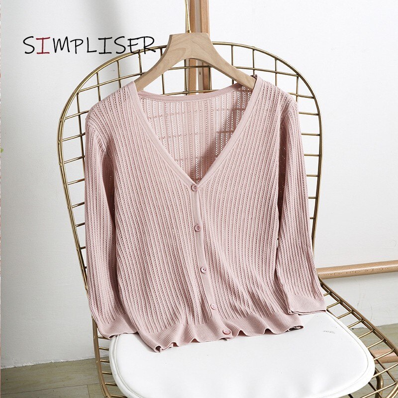 Ice Silk Thin Cardigans Women Summer Knitted V-neck Long Sleeve Sweaters Knit Sweater Women Cardigan Femme Black Pink