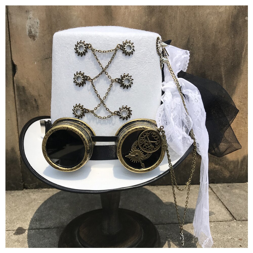 Kobiety retro Wykonany ręcznie Steampunk cylinder z okularami zębatymi i koronką etap magiczny kapelusz wydajność kapelusz biały rozmiar 57CM Steampunk kapelusz: Default Title