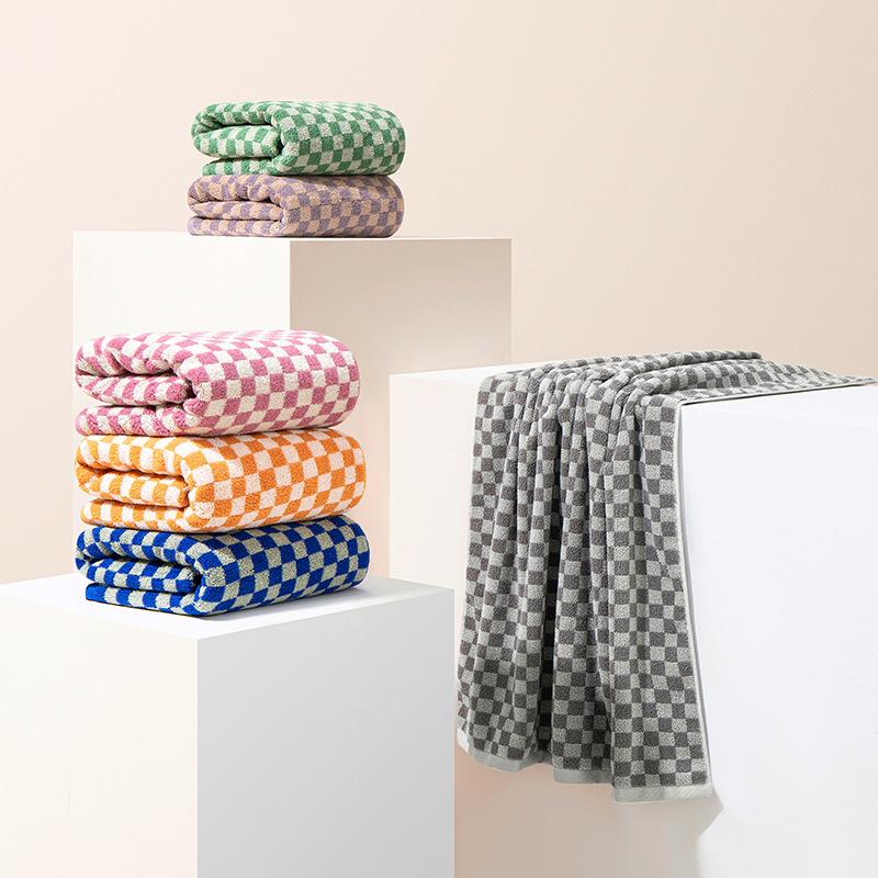 2 Stuks Dambord Handdoek Set Volwassen Katoen Verdikte Badhanddoek Badkamer Grote Handdoek Absorberend Zacht 2 Stuks Gezicht Handdoek 34X74 70X140