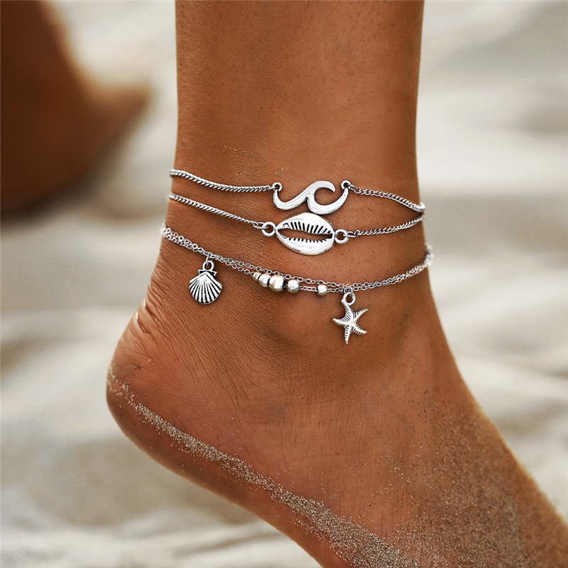 Boho Ocean Beach Scallop Shell Starfish Anklets for Women Vintage Multi Layers Ankle Bracelet Foot Leg Bracelet Summer Jewelry