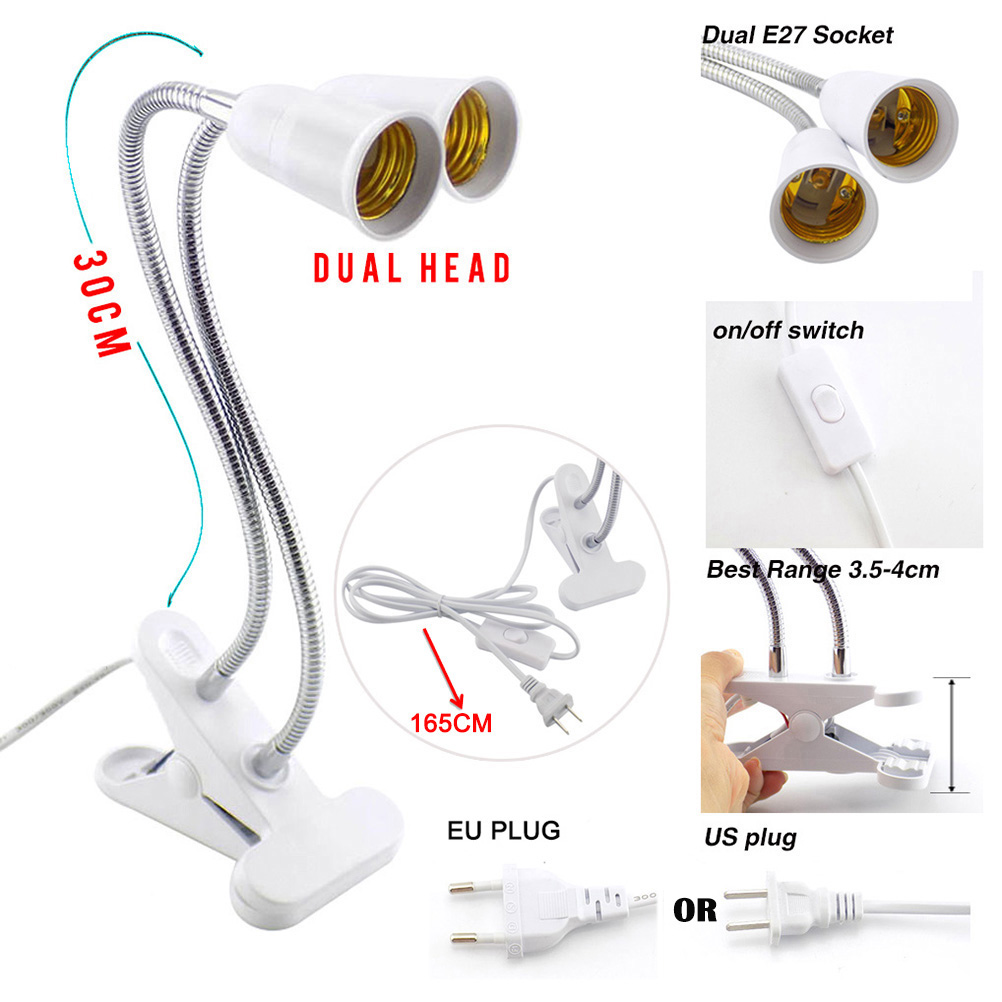 2 head E27 Flexible Lamp base holder Plugs Holder desk Clip socket EU US UK E27 for Book living room night light grow Lights