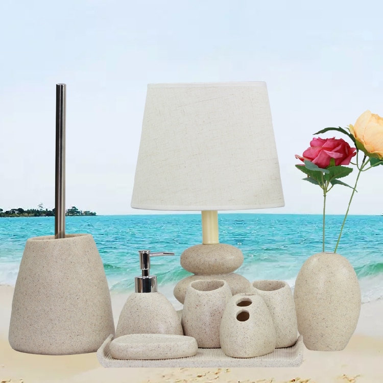 5 i 1 sett sett sandfarge harpiks bad ensemble bad sett såpeskål lotion dispenser tannbørsteholder kopp med lampe skuff vase