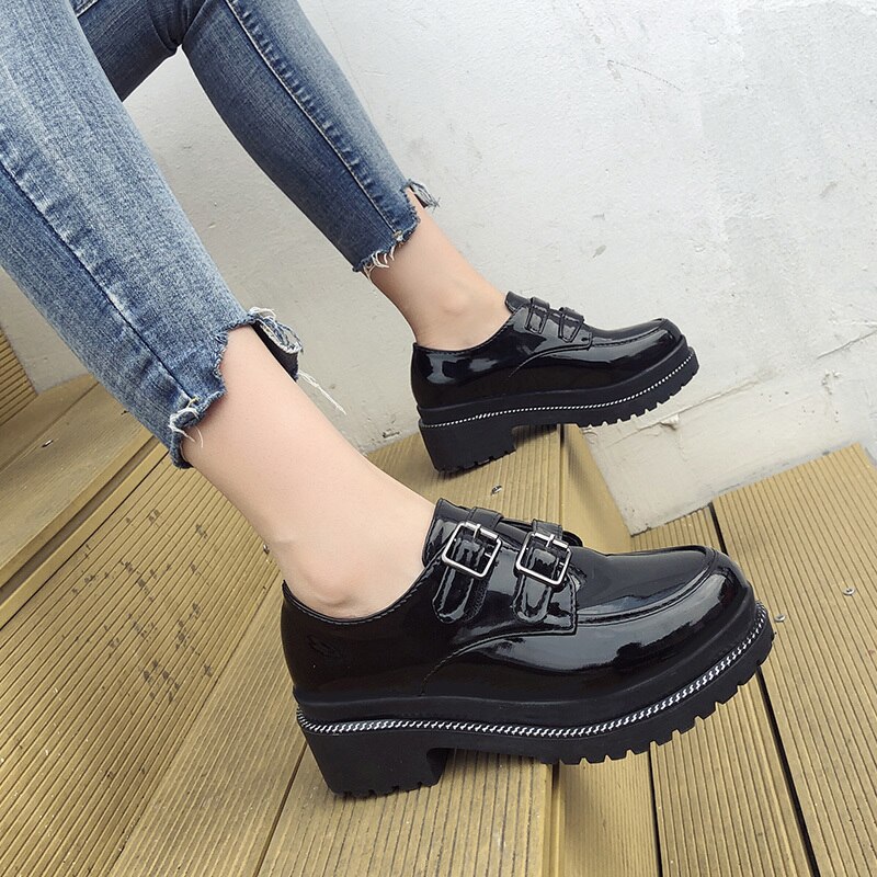 Oxfords Vrouwen Flats Platform Schoenen Vrouw Lakleer Klittenband Wees Klimplanten Zwarte Brogue Loafers: 6