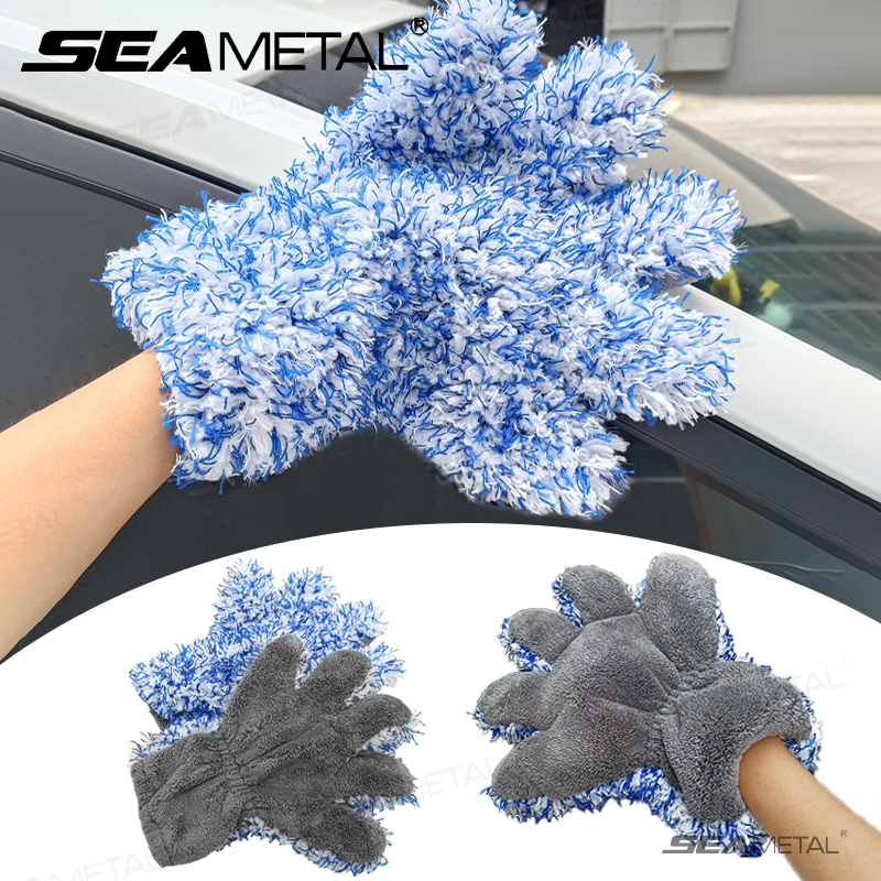 SEAMETAL Plush Car Wash Gloves Microfiber Thicked Cleaning Mitt Double-sided 5 Finger Soft Car Washing Glove Wipe Drying Mitts