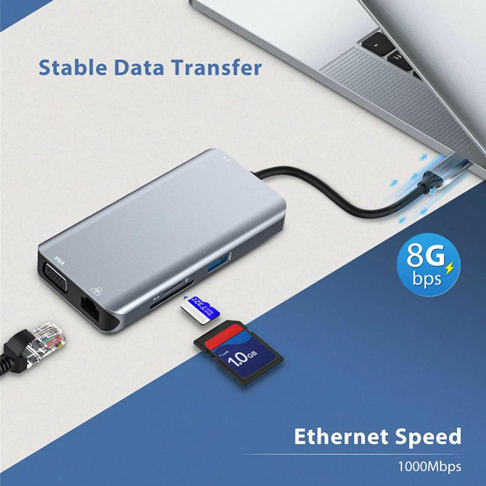10 w 1 USB C Centrum Multiports adapter stacja dokująca kompatybilny z HDMI VGA Ethernet RJ45 LAN