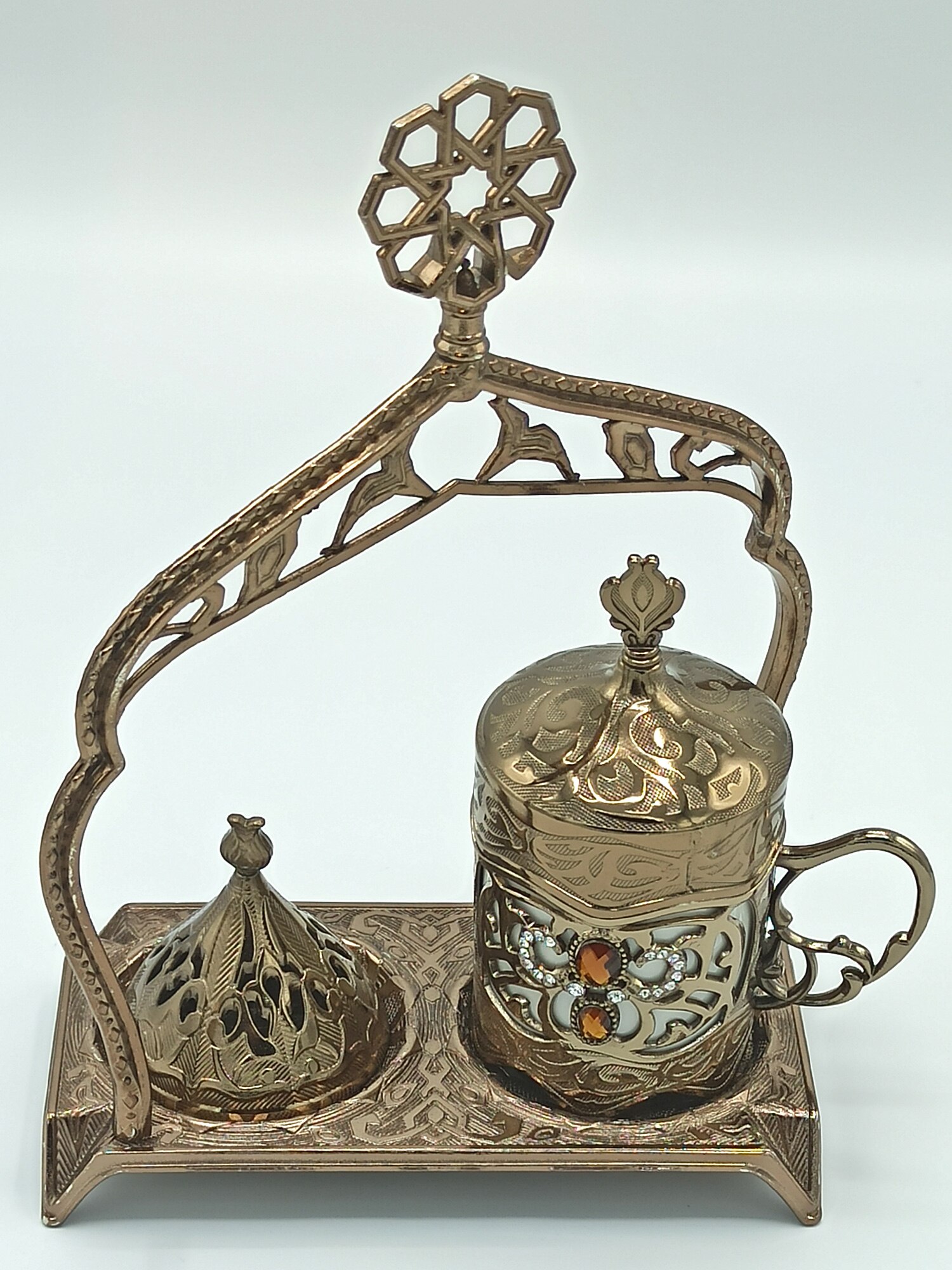 Steen Koffie Set Koffie Cup Met Lade Water Glazen Suikerpot Optionele Poef Grandbazaar Anatolian: Bronze with Bowl