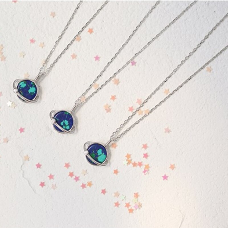 Gradient Blue Green Earth Color Dreamy Cute Planet Clavicle Chain Lover 925 Sterling Silver Female Necklace SNE066