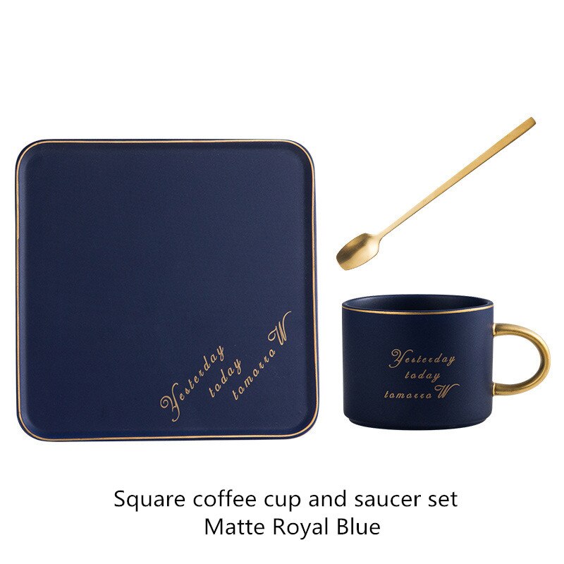 Ceramic coffee cup set square cup saucer spoon breakfast milk coffee cup bread dessert saucer couple: Matte Royal Blue