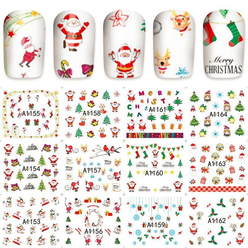 12 vellen Kerst Water Transfer Nail Art Decals Stickers nail Sticker Decoraties manicure tools gereedschap Kerstman sneeuwpop