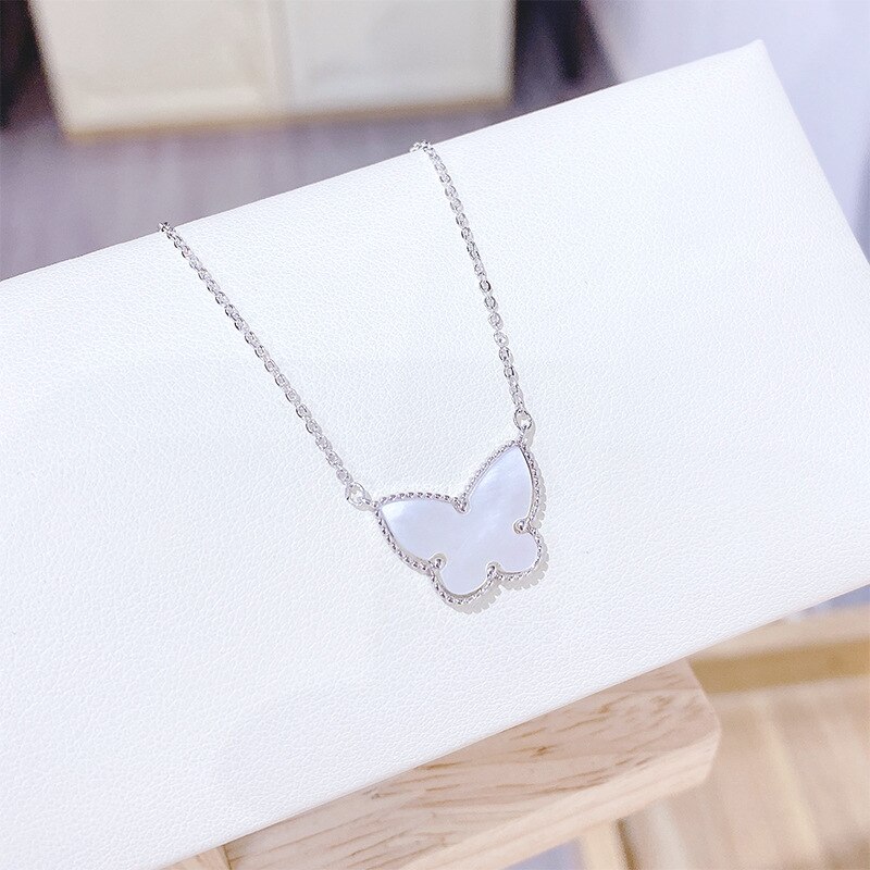 Luxury Shell Butterfly Necklace for Women Rose Gold Stainless Steel Chain Pendants Necklaces Party Statement Jewelry Z082: silver color