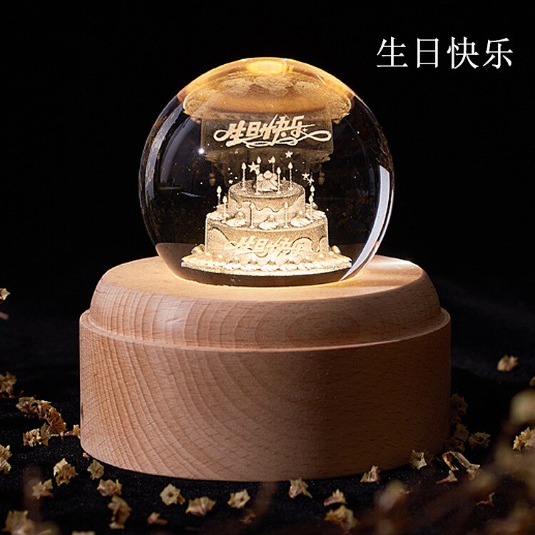 Music Box Crystal Ball Snow Globe Glass Lights Universe Moon Galaxy Earth Globe Crafts Home Desktop Decor for Valentine's Day: Birthday cake Globe