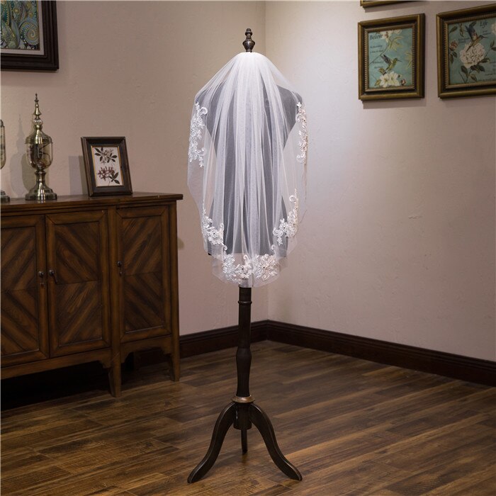 Velos nupciales velo de novia en Stock, corto de una capa a la cintura, con cuentas, apliques de diamante blanco o marfil