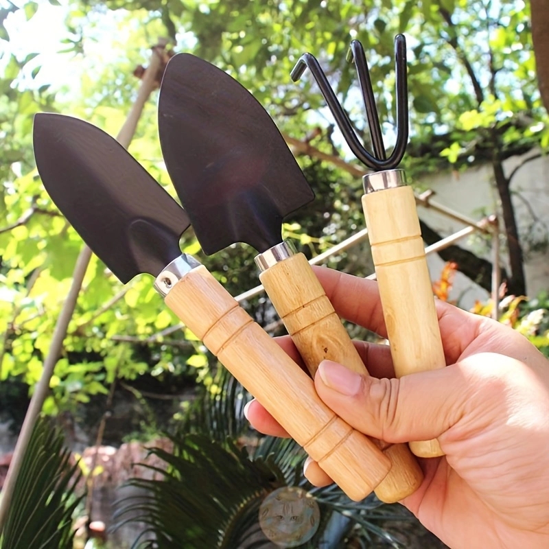 Mini herramientas hortícolas, juego de tres piezas para jardinería de plantas en macetas, mango de madera, herramientas agrícolas, rastrillo de pala