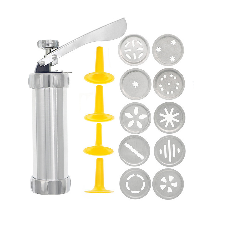 Christmas Spritz Cookie Press Gun and Icing Set Aluminum Cookie Maker Press Kit Manual Churros Maker Machine Biscuit Tools: Light Grey