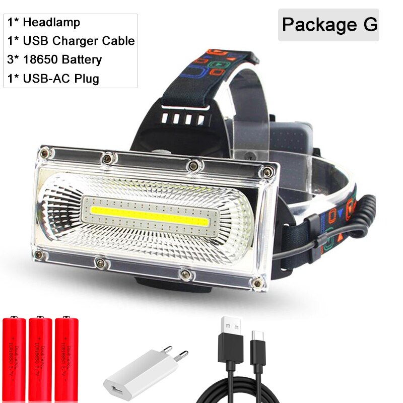 40000 lms cob led forlygte reparation lys hovedlampe usb genopladeligt vandtæt forlygte 18650 batteri fiskelys: Pakke g