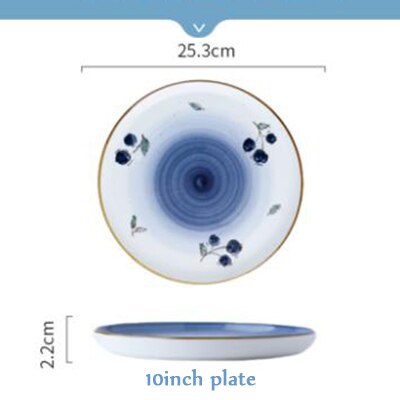 Home Gold Edge Blueberry Ceramic Tableware Heatable Oven Plate Soup Bowl Food Plate For Bread Noodles Salad Bakeware: 10inch plate