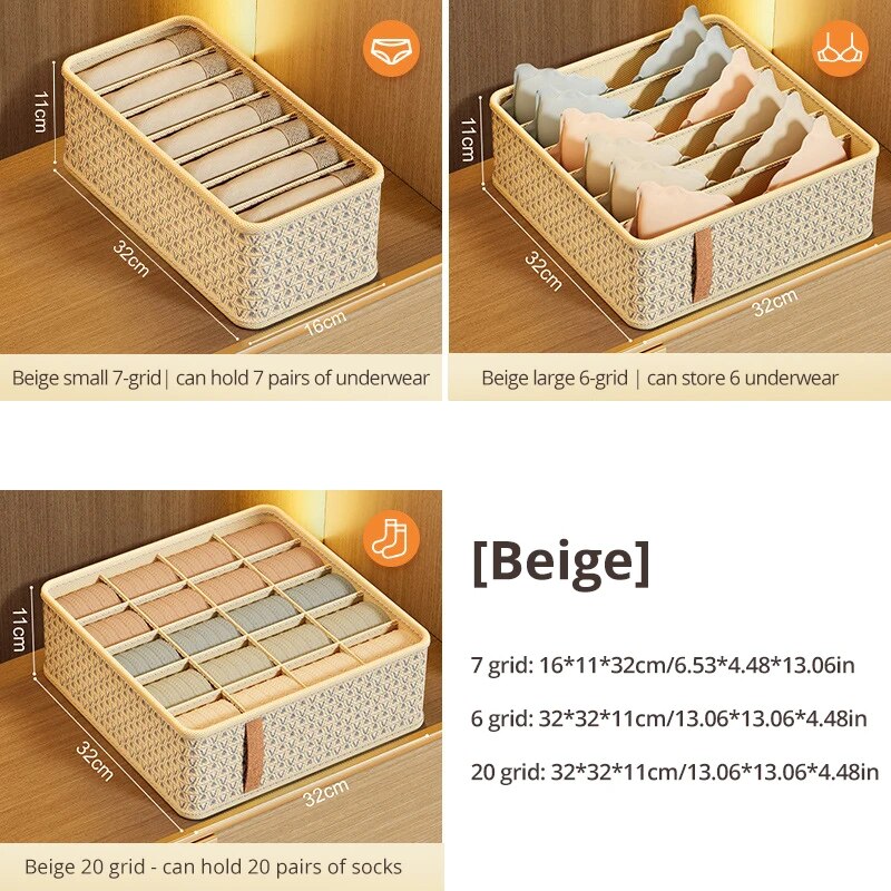 1pc khaki/vinrøde non-woven multi-grid opbevaringsbokse til undertøjssokker til husholdningsgarderobeorganisering og opbevaring: L / Beige