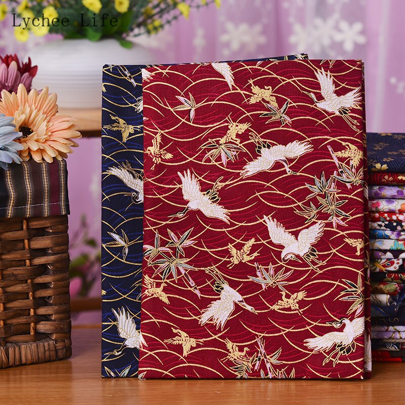 Lychee Leven Japanse Vlinder Kraan Gedrukt Patchwork Stof Zwart Rood Katoen Kersenbloesem Bronzing Stof Diy Naaien Ambachten