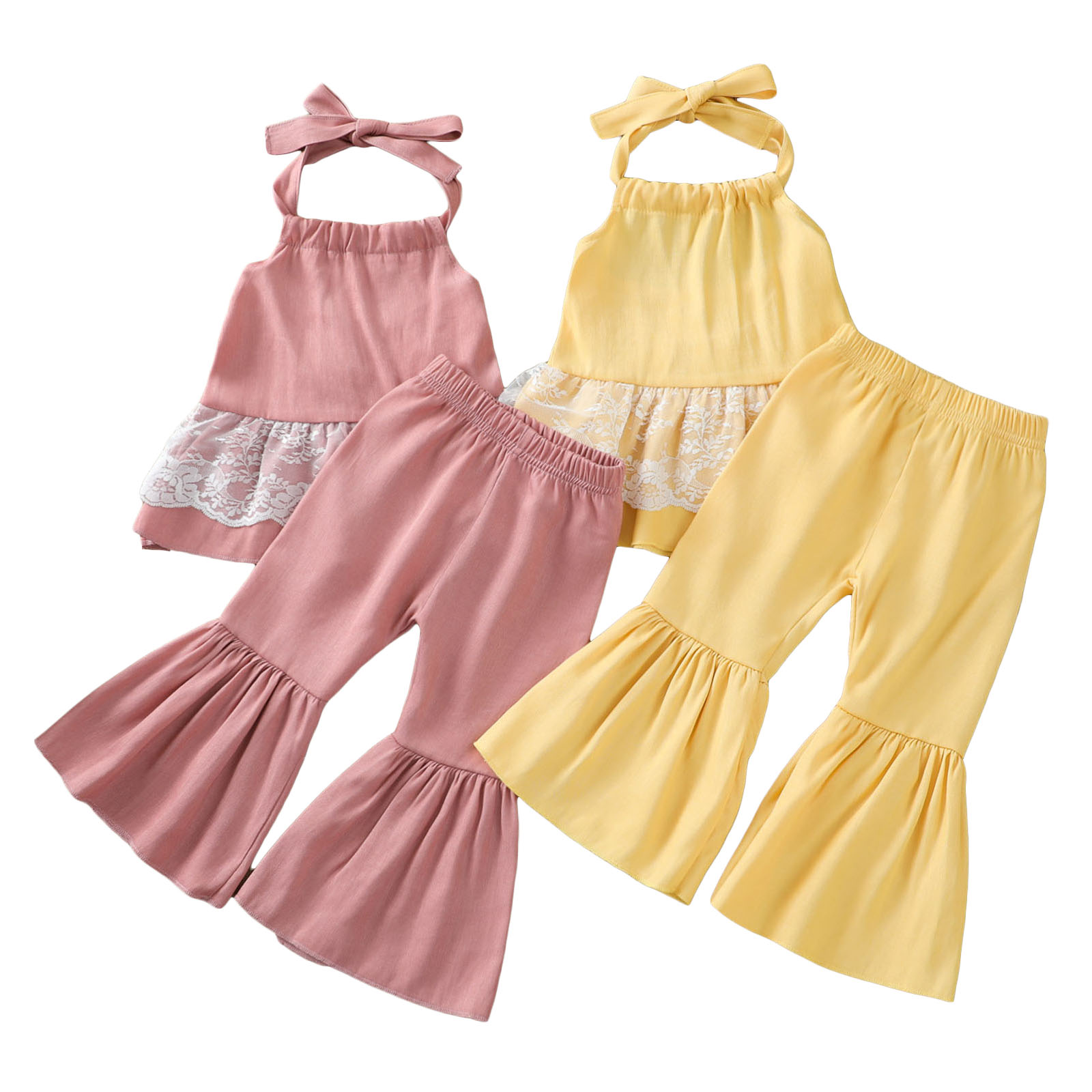 2 pezzi vestito da bambina dolce stile pizzo impunture senza maniche appeso collo top + pantaloni tinta unita a campana lunga Set 6M-3T