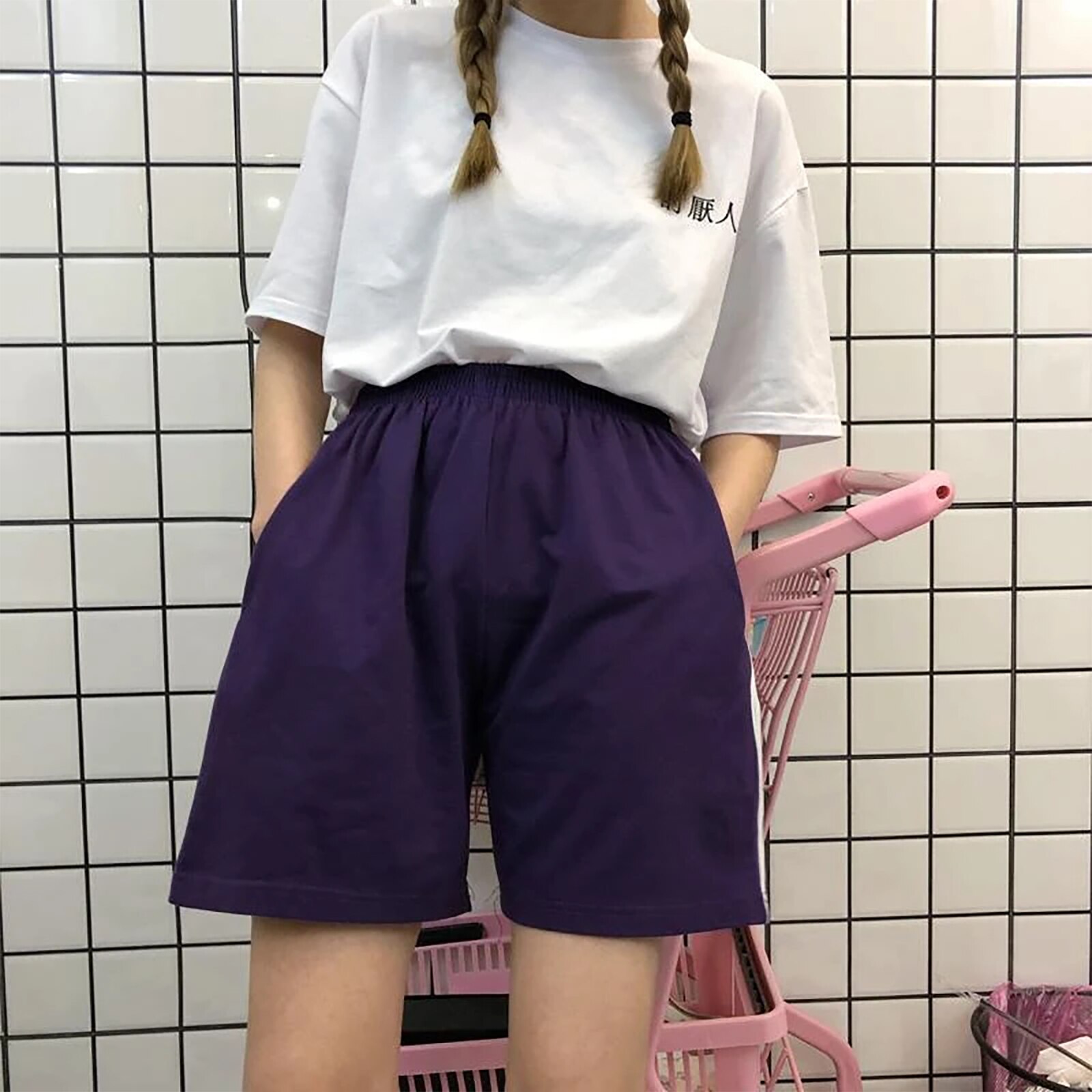 Mode Vrouwen Casual Shorts Harajuku Hoge Taille Losse Rechte Shorts Koreaanse Stijl Zomer Shorts Streetwear: Paars / M