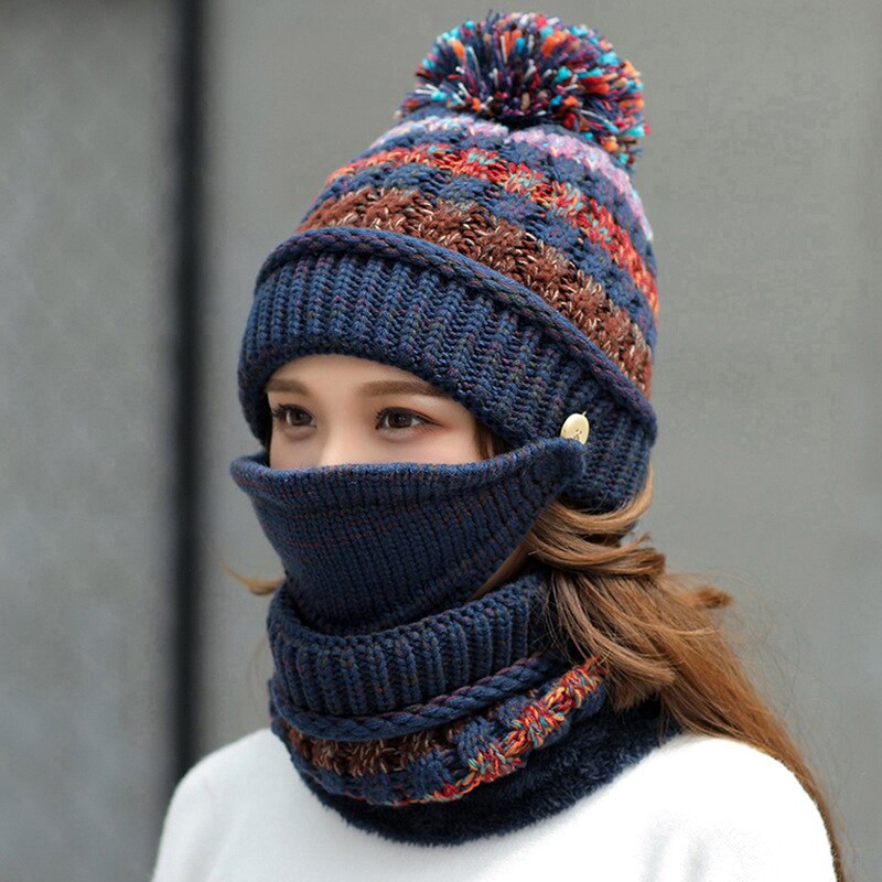 Ungdom vinter tykk pluss kashmir varme masker lue skjerf høst vinter kvinners strikke lue ull ball dekke øre krage tre sett: Marineblå