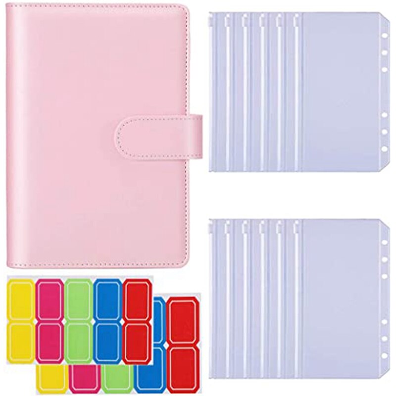 -A6 Notebook Binder with 12PCS A6 Binder Pockets,with Magnetic Buckle Closure for Inner Filler Paper: Pink