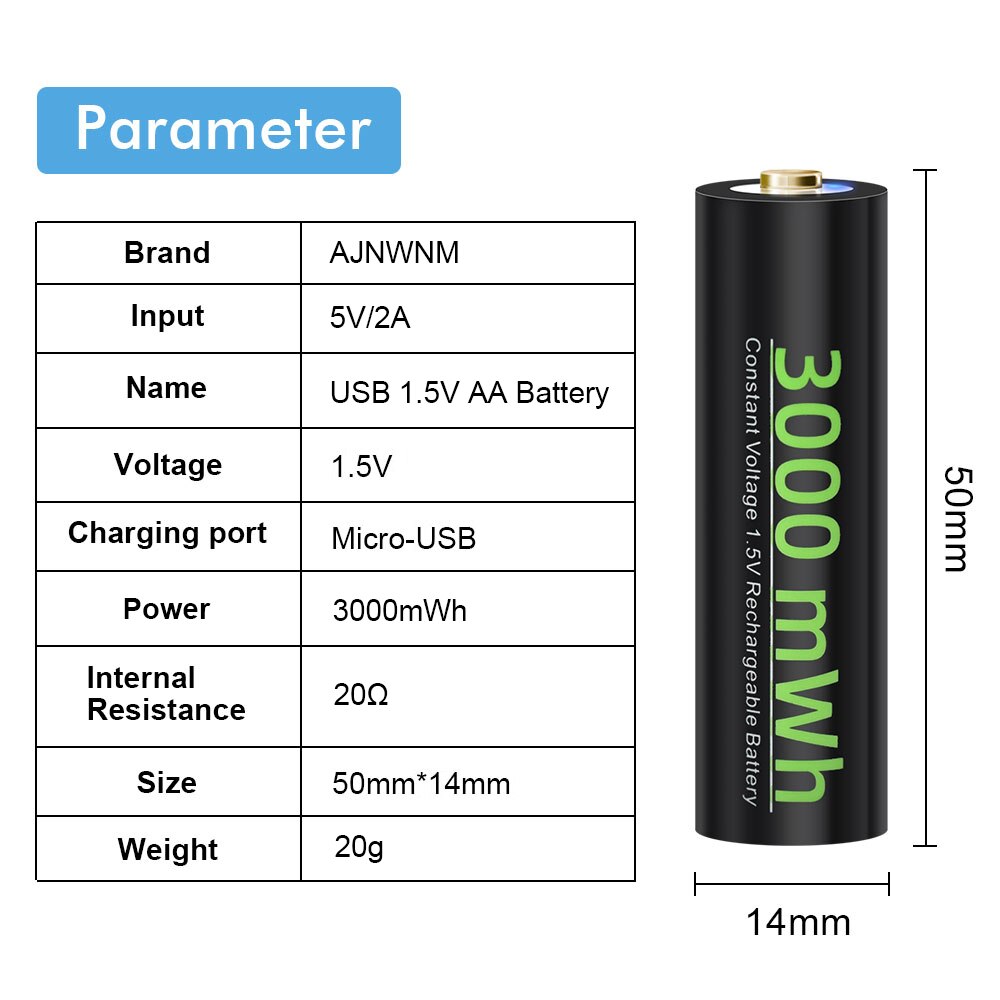 Ajnwnm 1.5v aa usb genopladeligt li-ion batteri 3000 mwh batterier aa til fjernbetjening trådløs mus + usb kabel