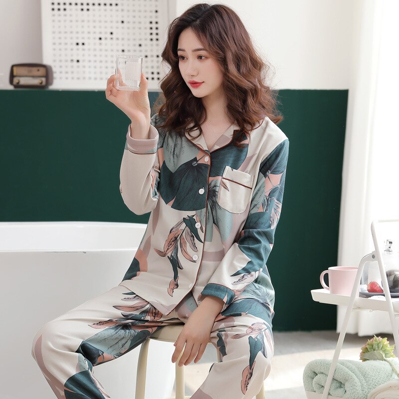 Pijama feminino verão fino algodão manga comprida solto-ajuste casual homewear conjunto