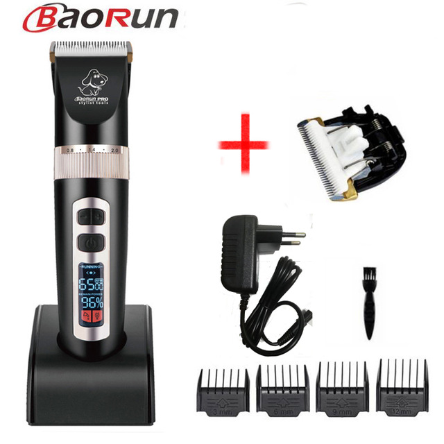 Baorun  p9 hund hår trimmer husdjur klippare hund trimning lcd display katt hund hår rakapparat husdjur klippmaskin: P9 svarta lägg till 1 blad