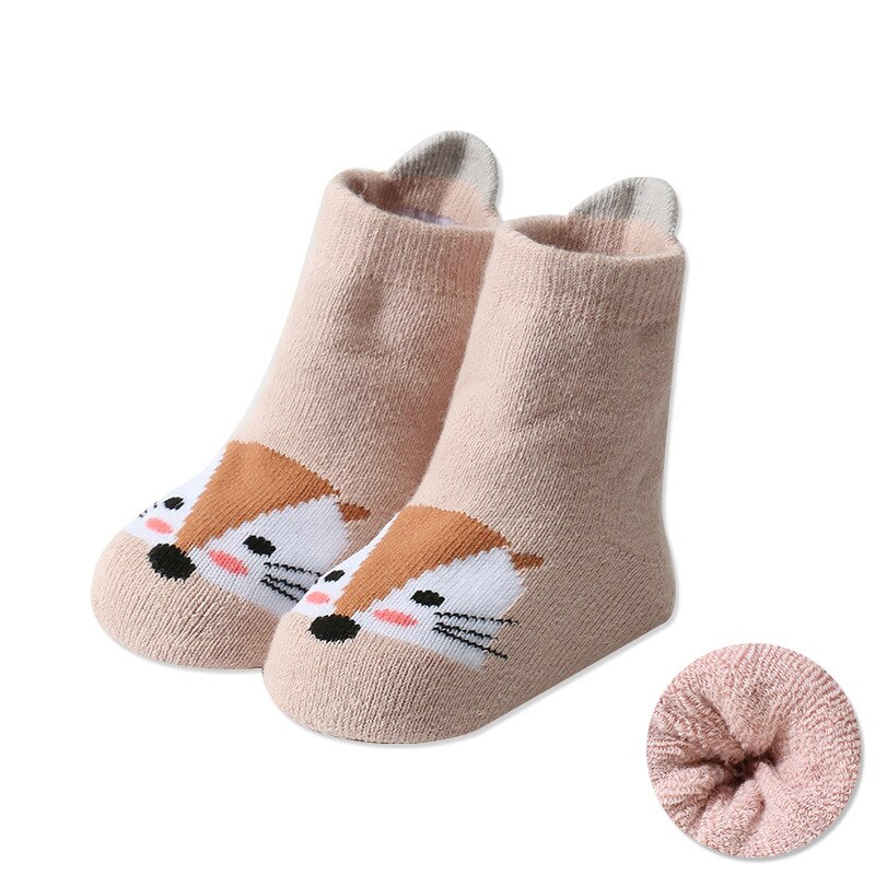 Kids Socks Baby Boy Winter Warm Socks Anti-slip Cartoon Animals Cotton Terry Thicken Socks Floor Home Rubber Sole Lion Fox Bear: F / 0-1T