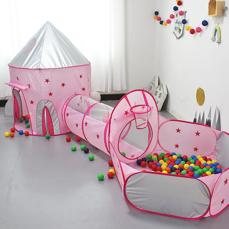 Kids 3 in 1 Tent Spacecraft Tent Space Quilt Tent Game Pink House Rocket Ship Play Tent Girl Ball Pool