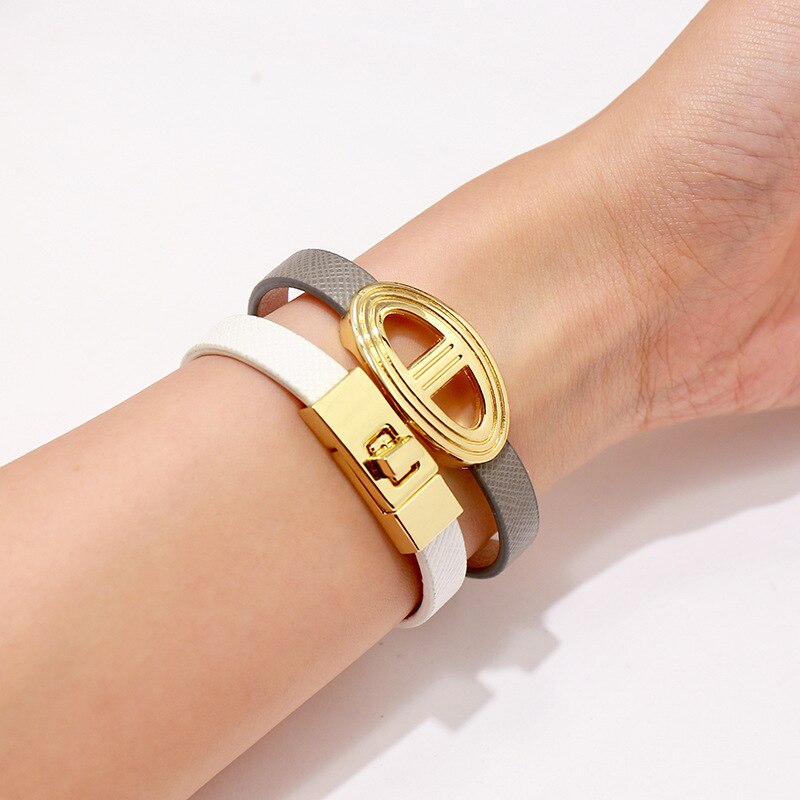 Simple Metal Ornament Women PU Leather Bracelets Red Bracelet& Bangles Orange Brown Color Girls Bracelets