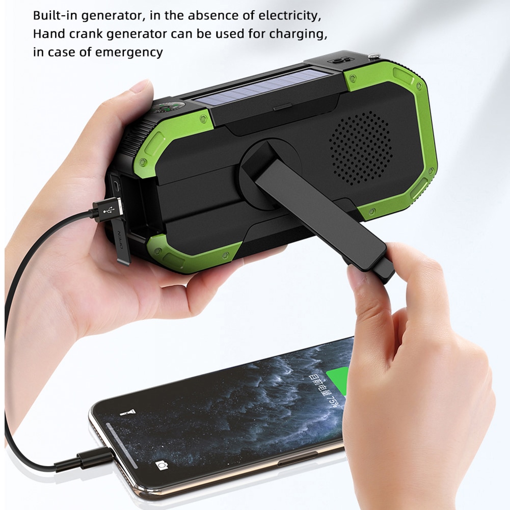 Radio de mano multifuncional con manivela Solar, Altavoz Bluetooth, AM/FM, Radio Meteorológica, linterna de emergencia, cargador de batería, 5000mAh