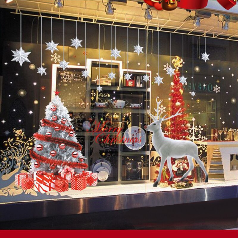 2Pcs Removable Christmas Wall Art Stickers DIY Window Mural Decals Reindeer Xmas Tree Snowflakes Wallpaper Decorations Ornaments