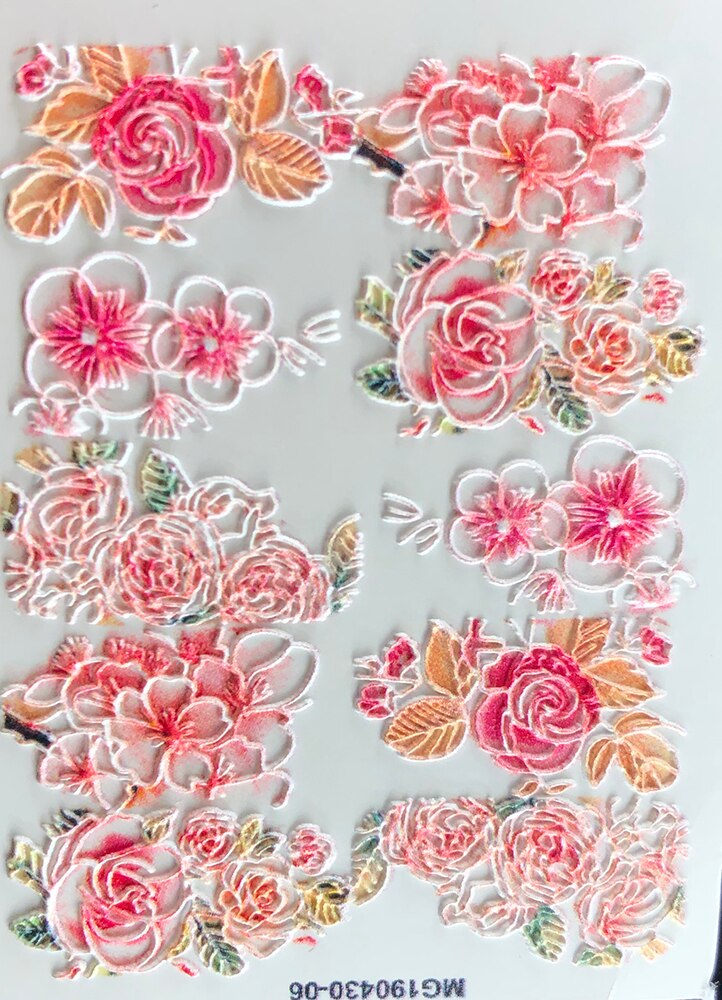 3d akrylgraverade nageldekaler rosa blomma gröna blad vattendekaler empaistiska nagelvattenrutschbanor  z0303: 4