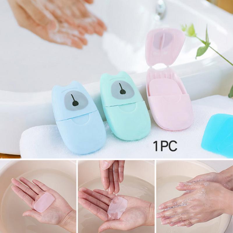 50 stuks wegwerppapierzeep voor op reis, draagbare handwasbox, aromatische plakjes, vellen, mini-zeeppapier voor kinderen en volwassenen