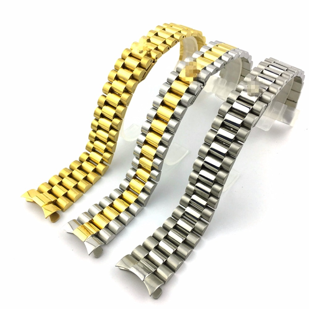 20mm Gold Nahen Gold Silber Uhr Band Strap Solide Edelstahl Curved End Präsident stil Armband Armband Gürtel Armband