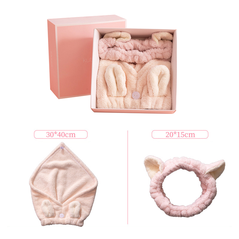 Roze Meisjes Droog Haar Cap Verdikte Water-Absorberende Sneldrogende Coral Fleece Badmuts Wassen Gezicht Hoofdband Set voor Make-Up Remover