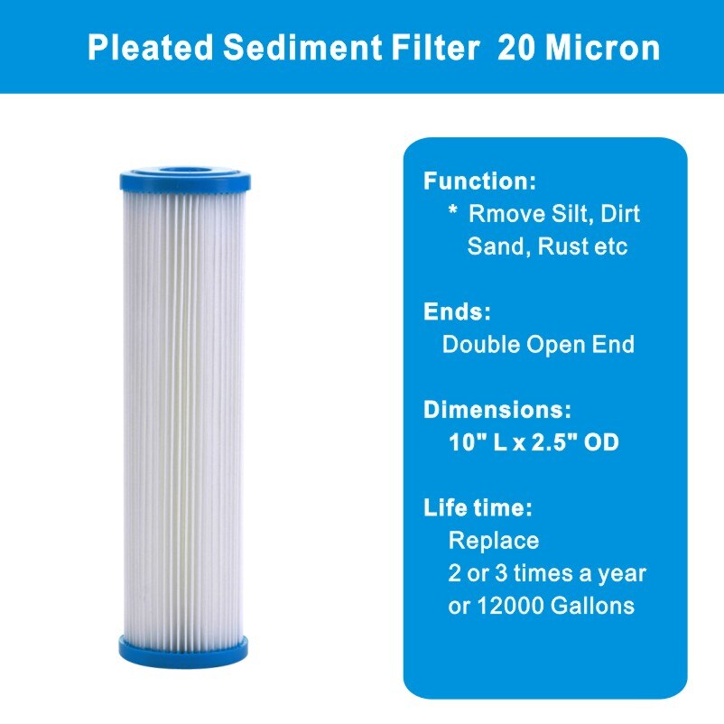 2.5 x 10 Inch Compatible Pleated Replacement Water Filter Cartridges,20 Micron, Dirt Sediment Filtration