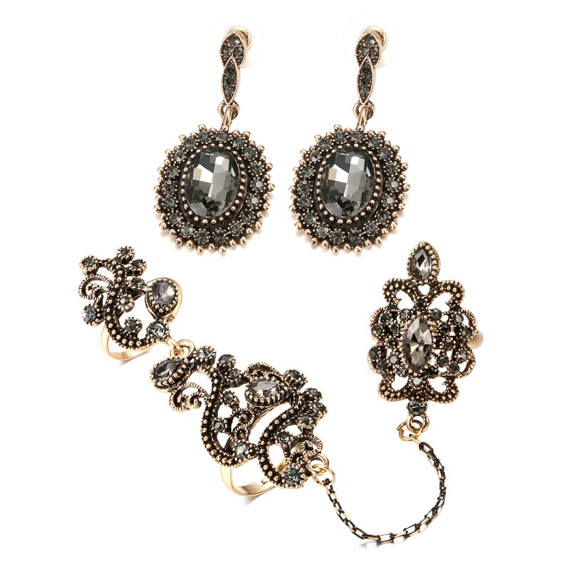 Wbmqda Turkse Dubbele Ringen Earring Sets Voor Vrouwen Grey Crystal Bloem Etnische Bruid Bruiloft Sieraden Vintage Mooie Ring