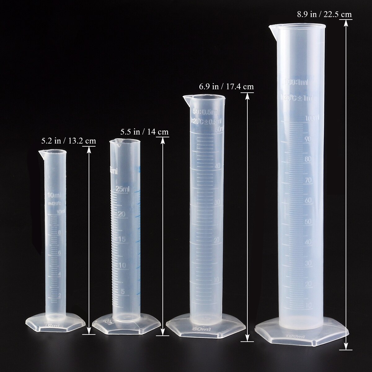 4pcs Transparent Measuring Plastic Graduated Cylinder Plastic Measuri Trial Test Liquid Tube Lab Tool 10ml / 25ml / 50ml / 100ml