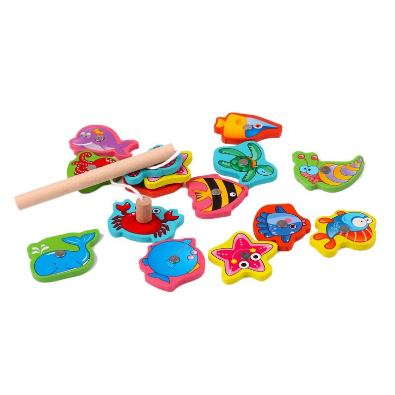 Baby Educational Toys 7-15Pcs Fish Wooden Magnetic Fishing Toy Set Fish Game Educational Fishing Toy