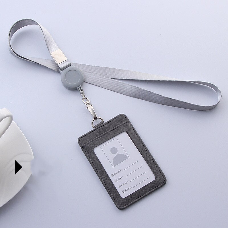 PU Leather Lanyard retractable badge holder ID card holder school lanyards id badge holder horizontal badge holder transparent: gray-Vertical